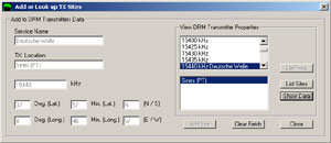 The DRM-Log Plotter transmitter sites window